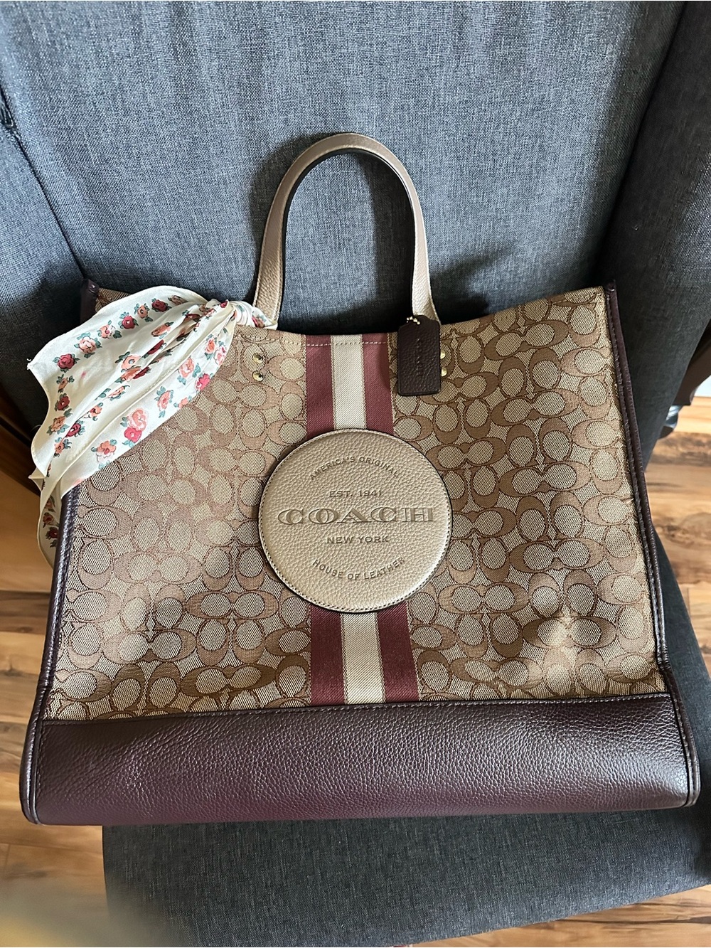 Coach Beige Canvas Tote with Burgundy Stripe and Brown Trim - Picture 2 of 9